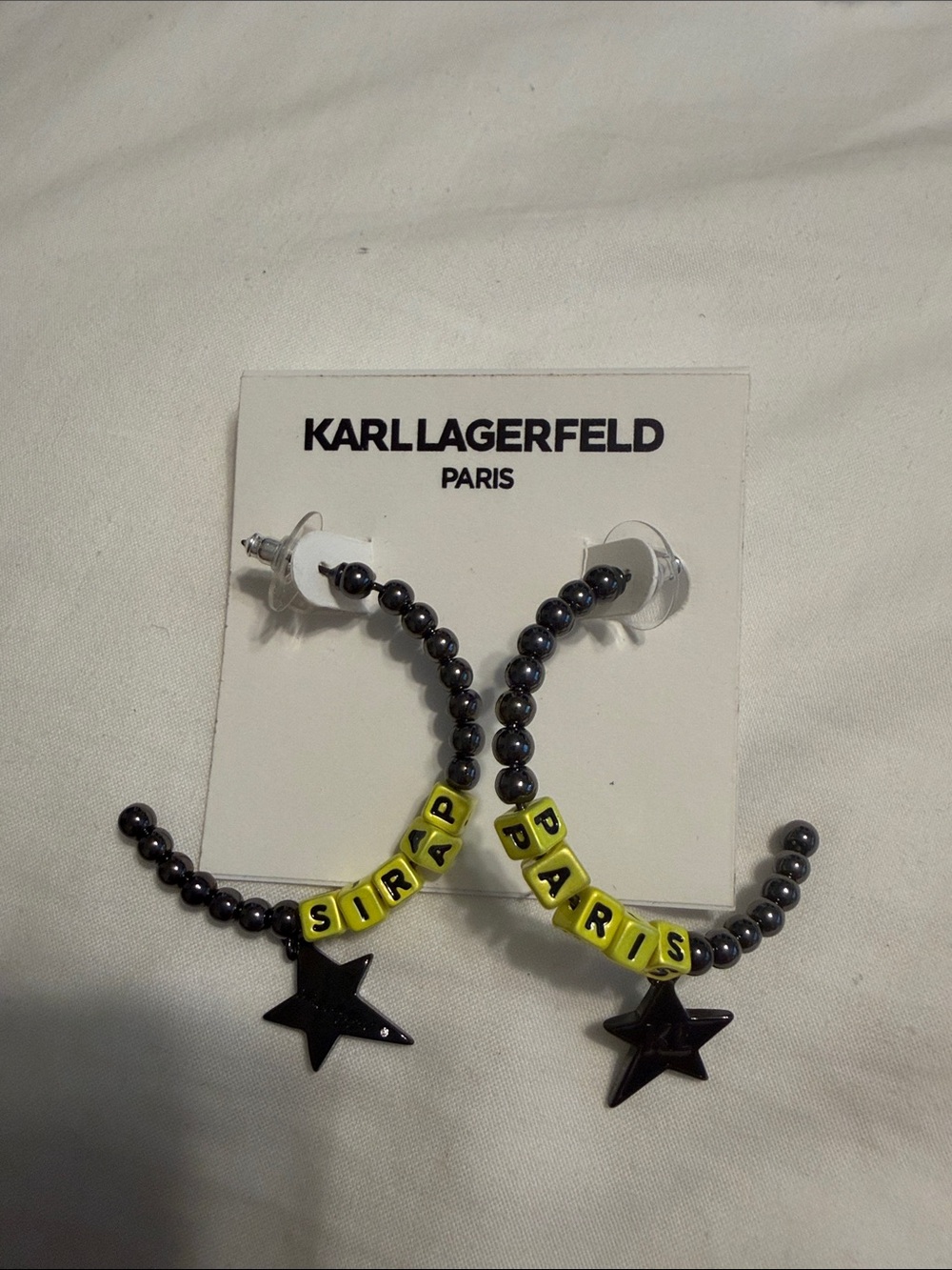 Karl Lagerfeld Black Beaded Hoop Earrings with Yellow Letter Beads